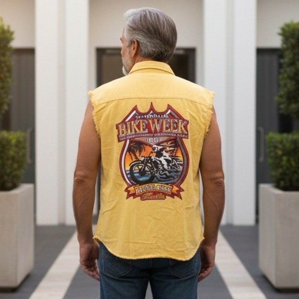 Bikerwear Mens 2X Yellow Sleeveless Shirt Bike Week‎ Daytona Beach 2014 Denim